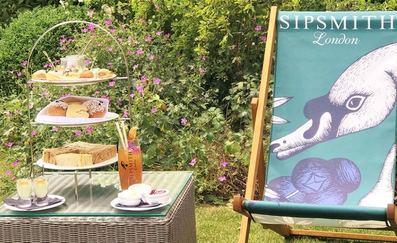 Afternoon tea and Sipsmith deck chair in the Royal Crescent Hotel gardens